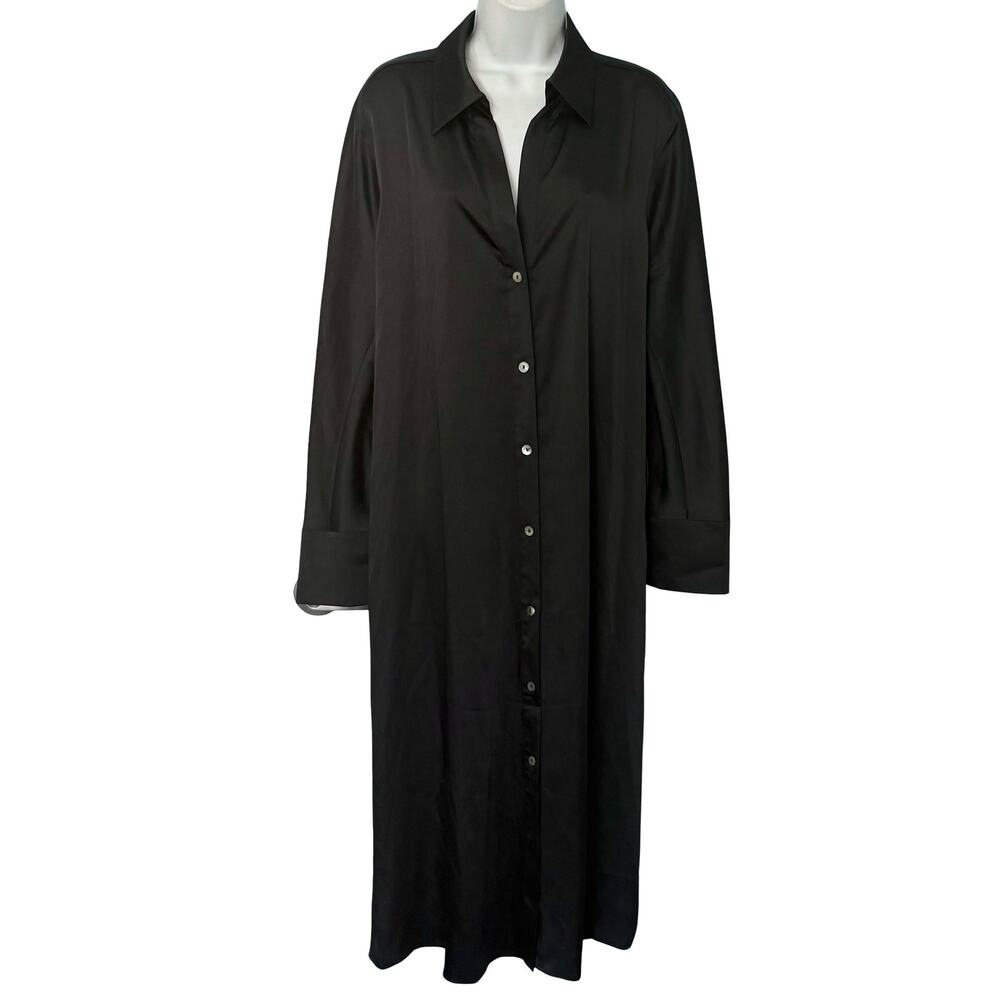 Vince Black Satin Long Sleeve Button Front Collar Midi Dress size L NEW No Belt